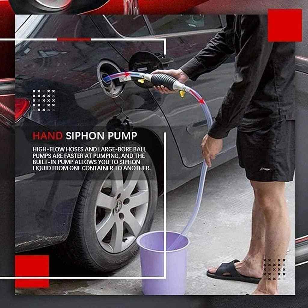 Person using a hand siphon pump to transfer liquid from a bucket to a car's fuel tank.