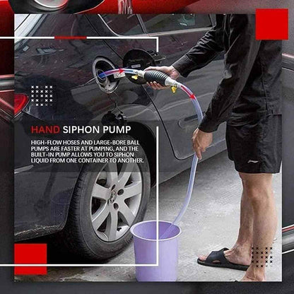 Person using a hand siphon pump to transfer liquid from a bucket to a car's fuel tank.