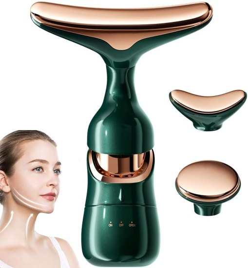 Green facial massager with rose gold accents on a white background
