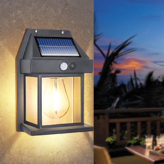 Solar-powered outdoor wall light fixture on a textured wall with a scenic background.