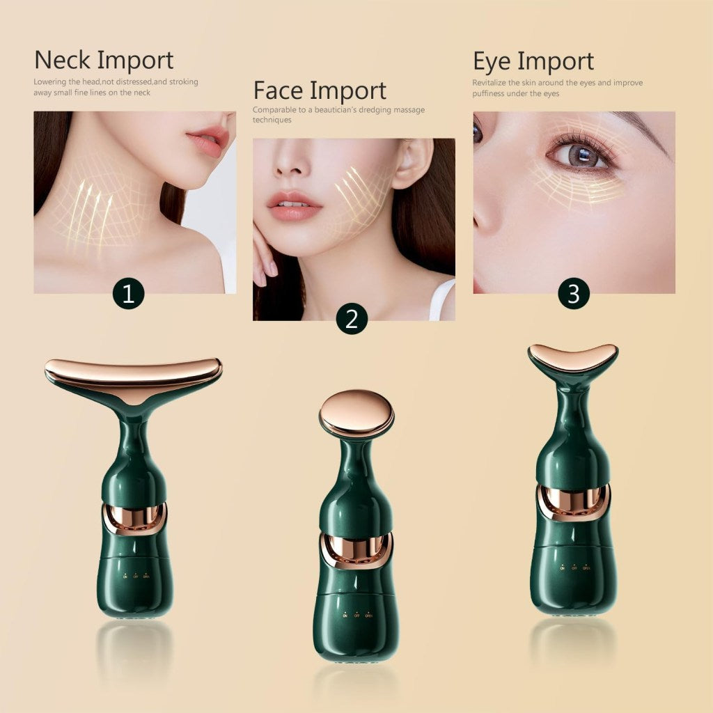 Three different views of a skincare device targeting neck, face, and eye areas with corresponding images and text.