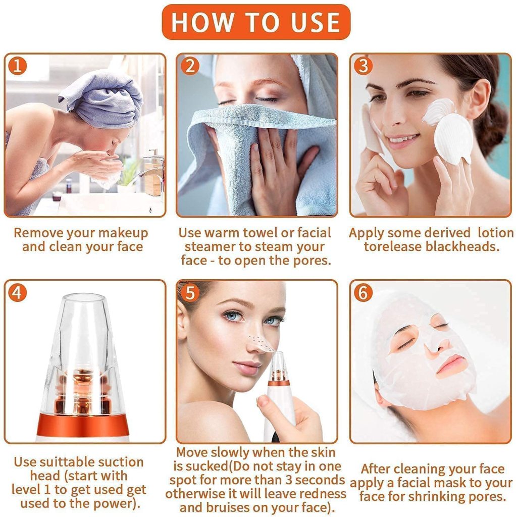 Step-by-step guide on how to use a facial care device with images and text instructions.