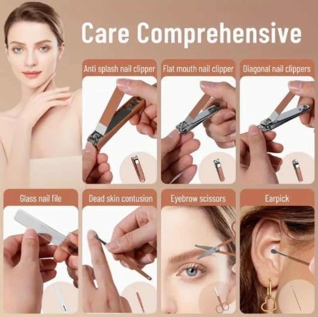 Collection of nail care and grooming tools with text 'Care Comprehensive' on a beige background.