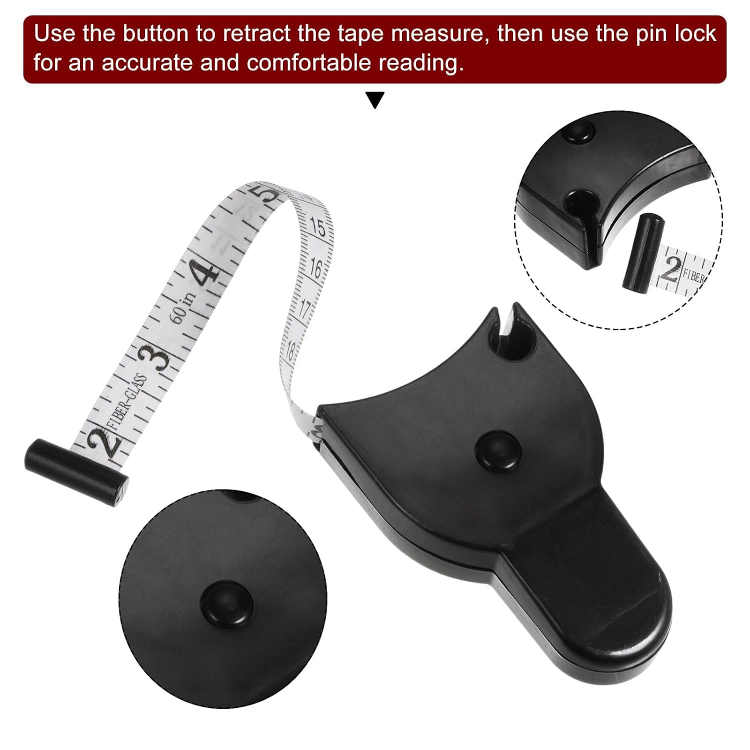 Black tape measure with a button and pin lock mechanism on a white background