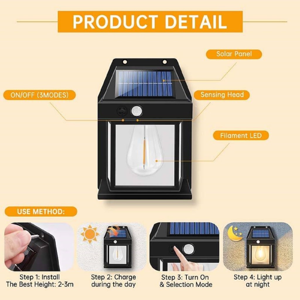 Solar-powered outdoor light with labeled parts and usage instructions on a beige background
