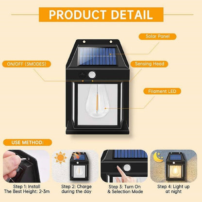 Solar-powered outdoor light with labeled parts and usage instructions on a beige background