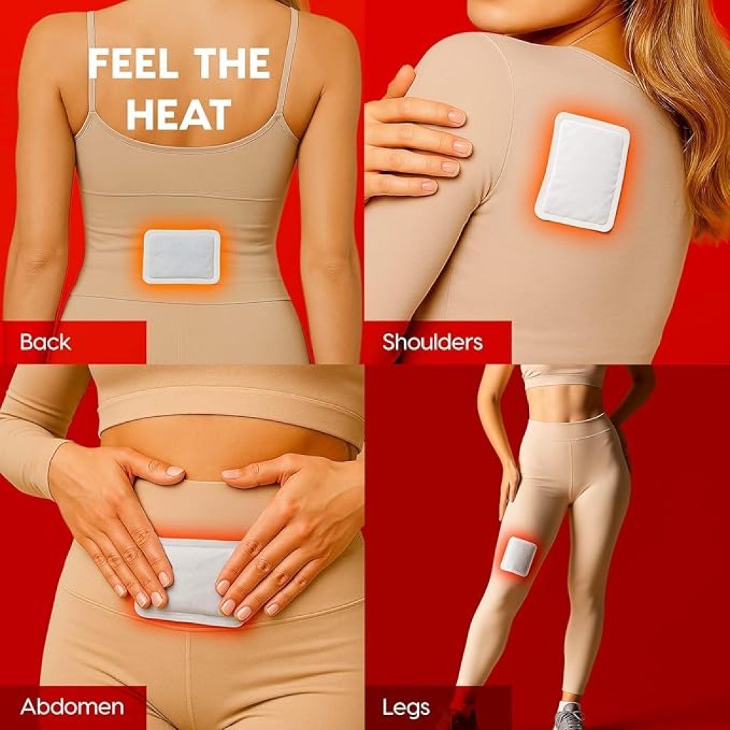 Person wearing beige shapewear with heating patches on different body parts against a red background.