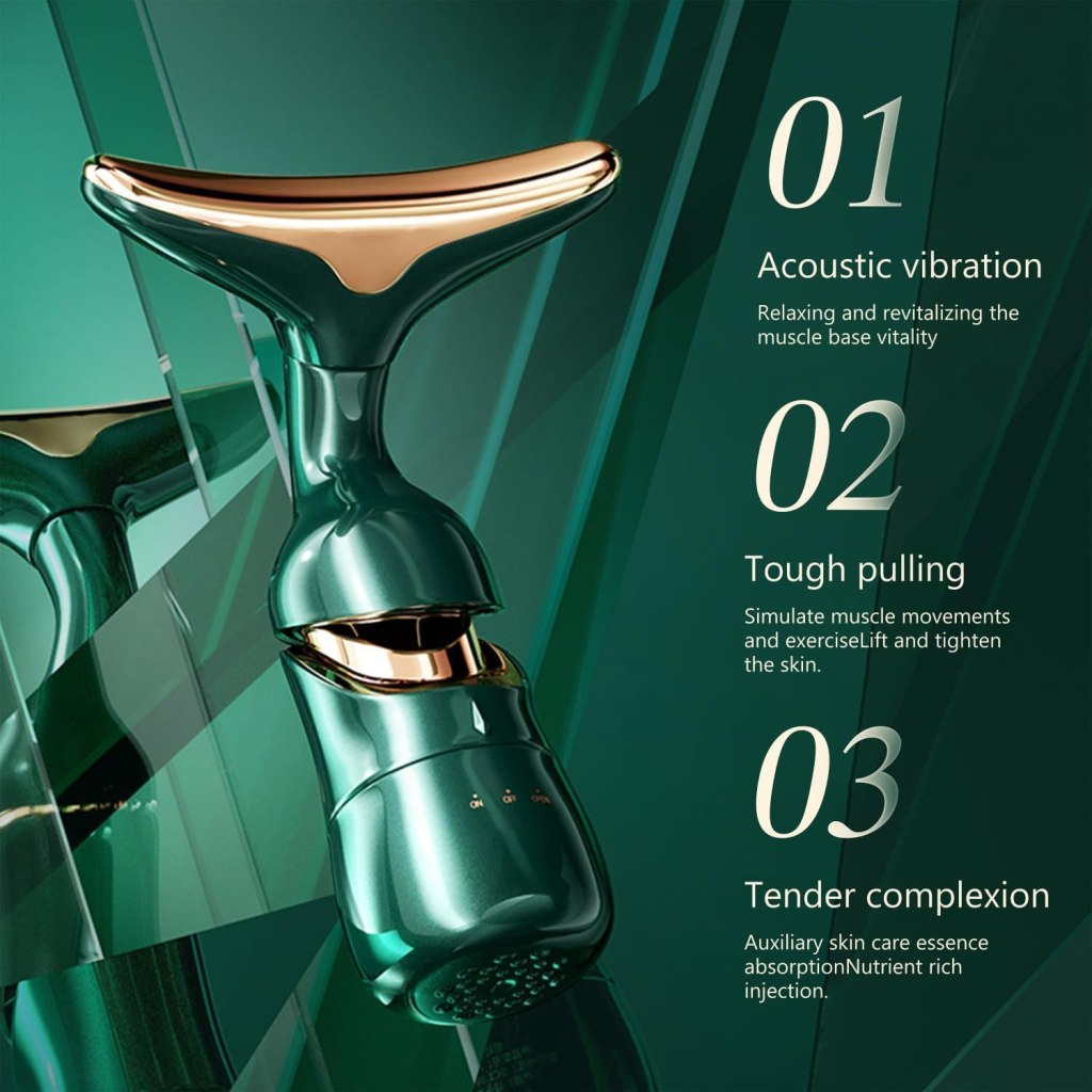 Green and gold device with acoustic vibration, tough pulling, and tender complexion benefits on a green background.