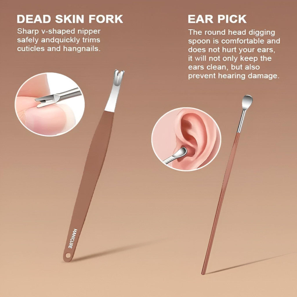 Dead skin fork and ear pick with illustrations on a beige background
