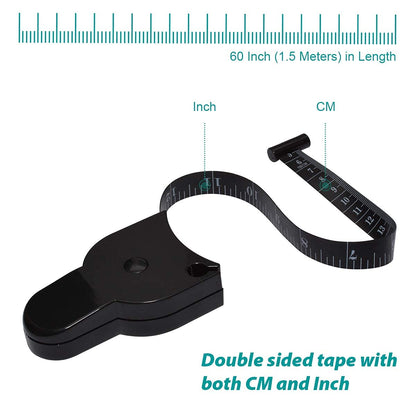 Black measuring tape with double-sided measurement capability on a white background