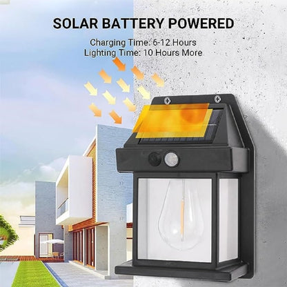 Solar battery-powered outdoor light fixture with charging and lighting time details.