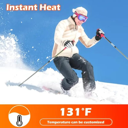 Person skiing with 'Instant Heat' text and temperature display on a snowy background