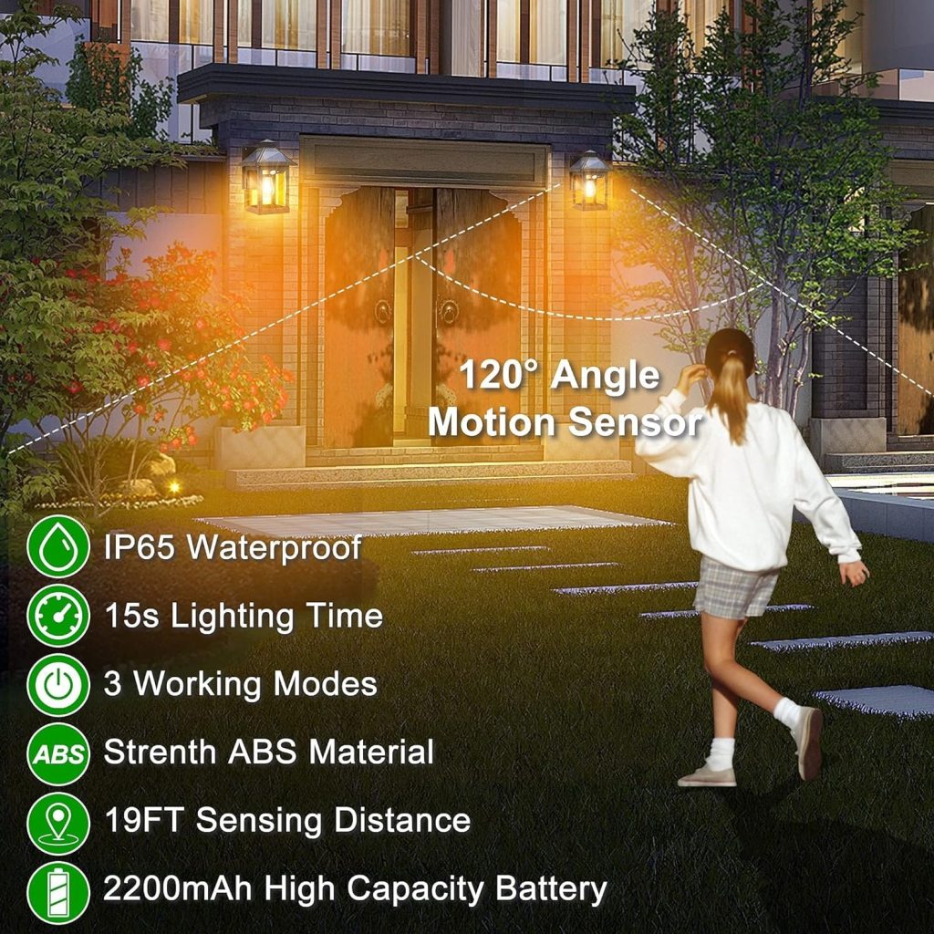 Person walking towards a house with a 120-degree angle motion sensor highlighted, featuring product features on the left.