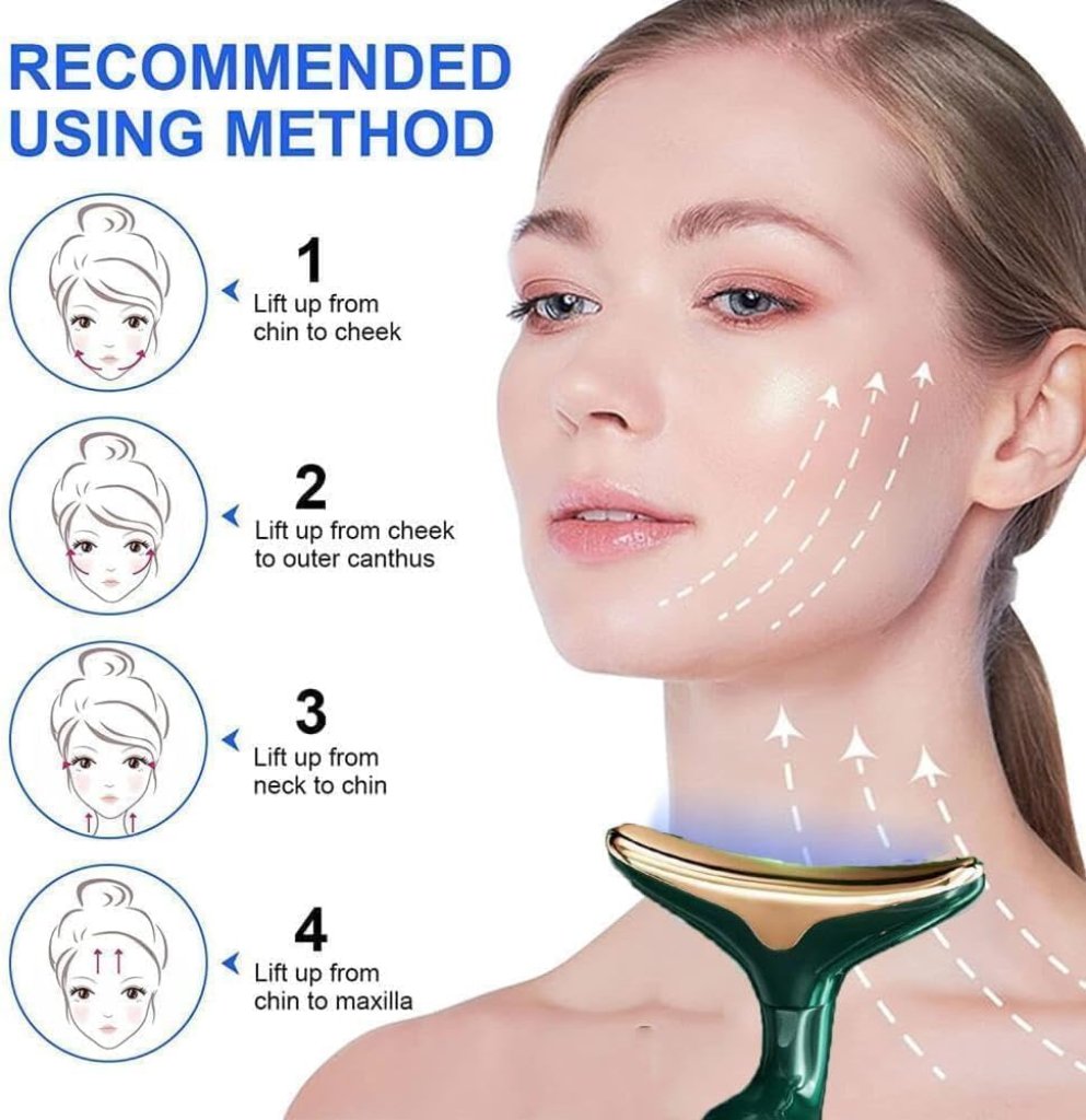 Instructions on using a facial device with a woman's face and device shown.