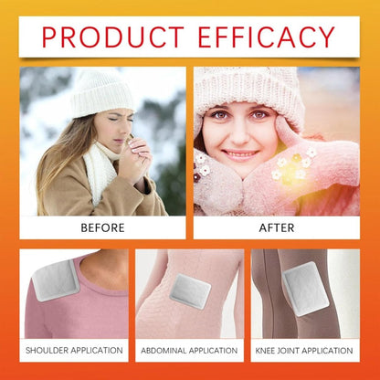 Product efficacy comparison before and after application on a person, with a focus on warmth and comfort.