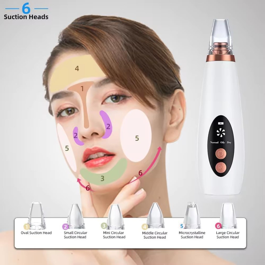 Woman using a skincare device with labeled suction heads on her face and the device itself.