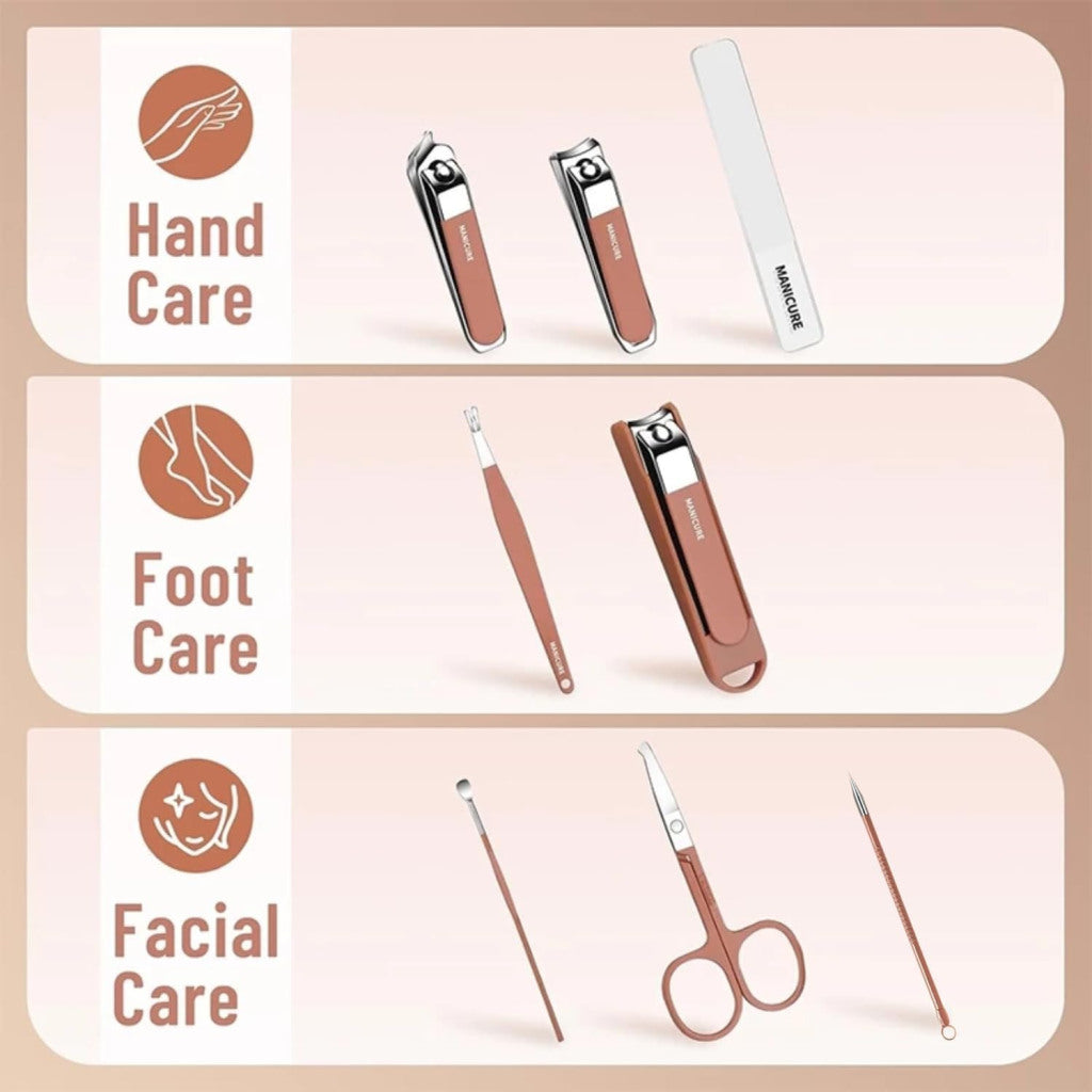 Set of nail care and facial care tools on a beige background with labels for hand care, foot care, and facial care.