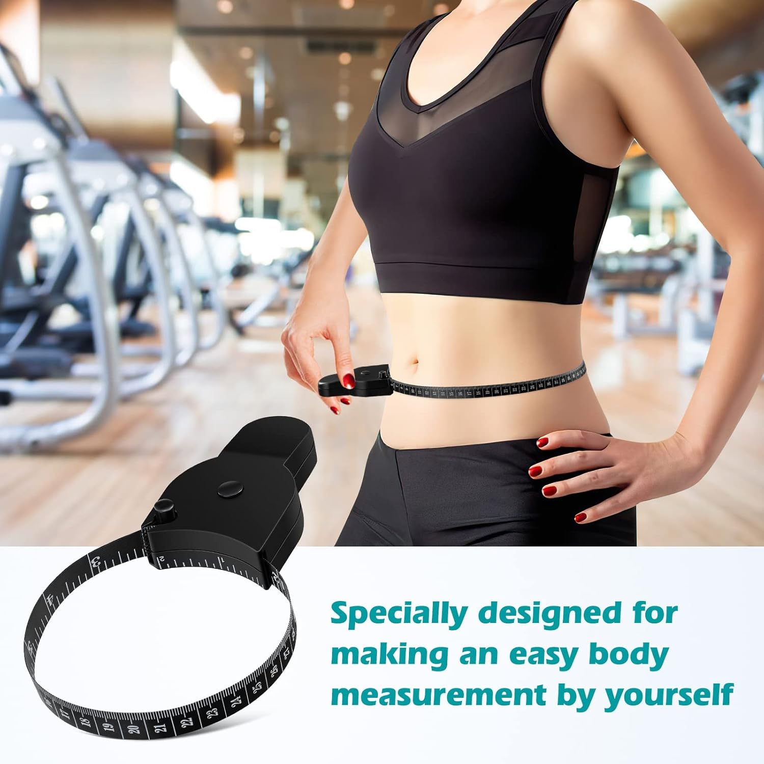 Person measuring waist with a body tape measure in a gym setting