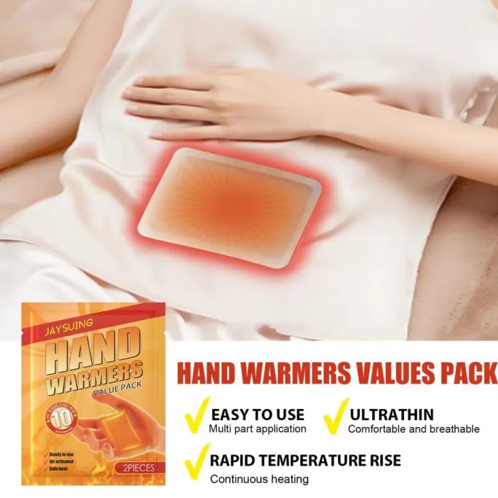 Hand warmers values pack with a person using hand warmers and product packaging.