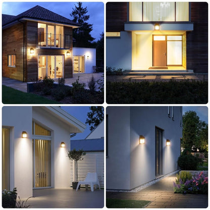 Collage of four images showing exterior home lighting at night.