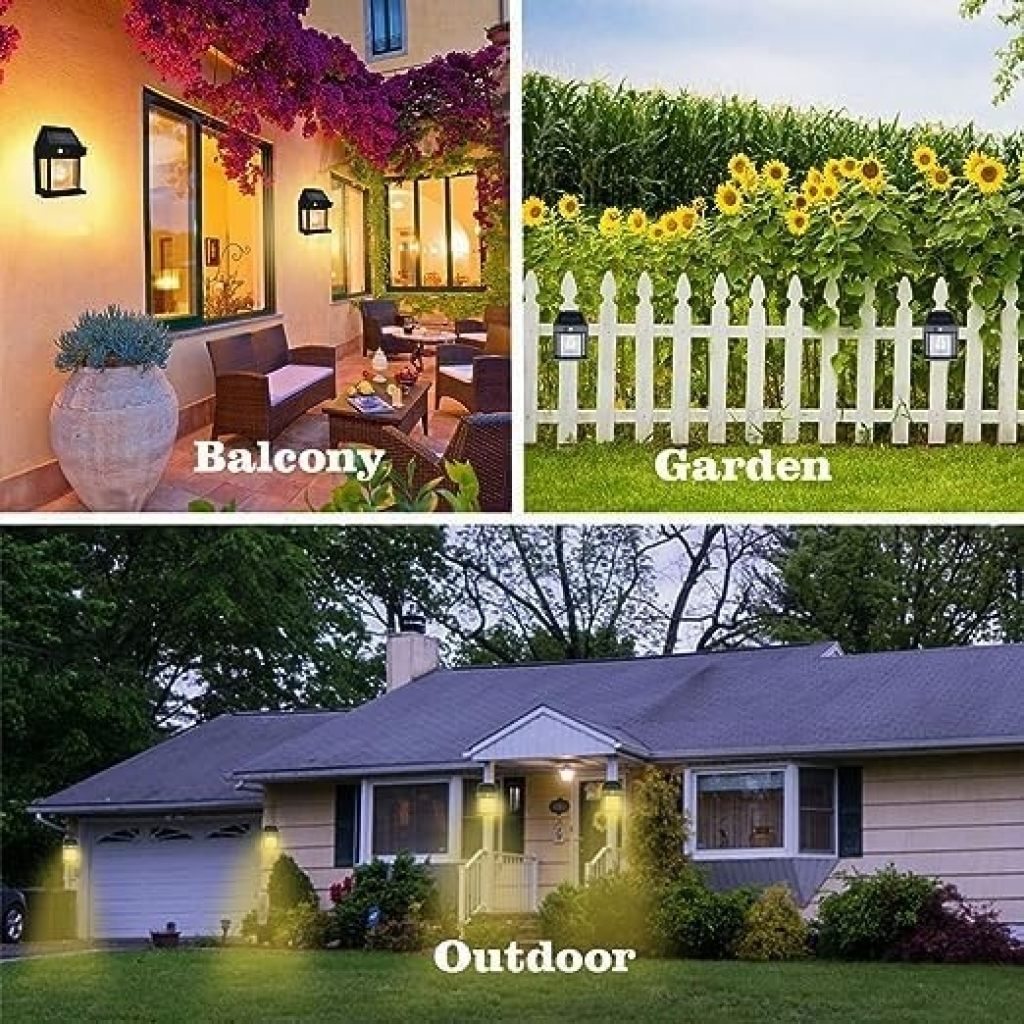 Collage of outdoor settings including a balcony, garden, and house exterior with lighting fixtures.