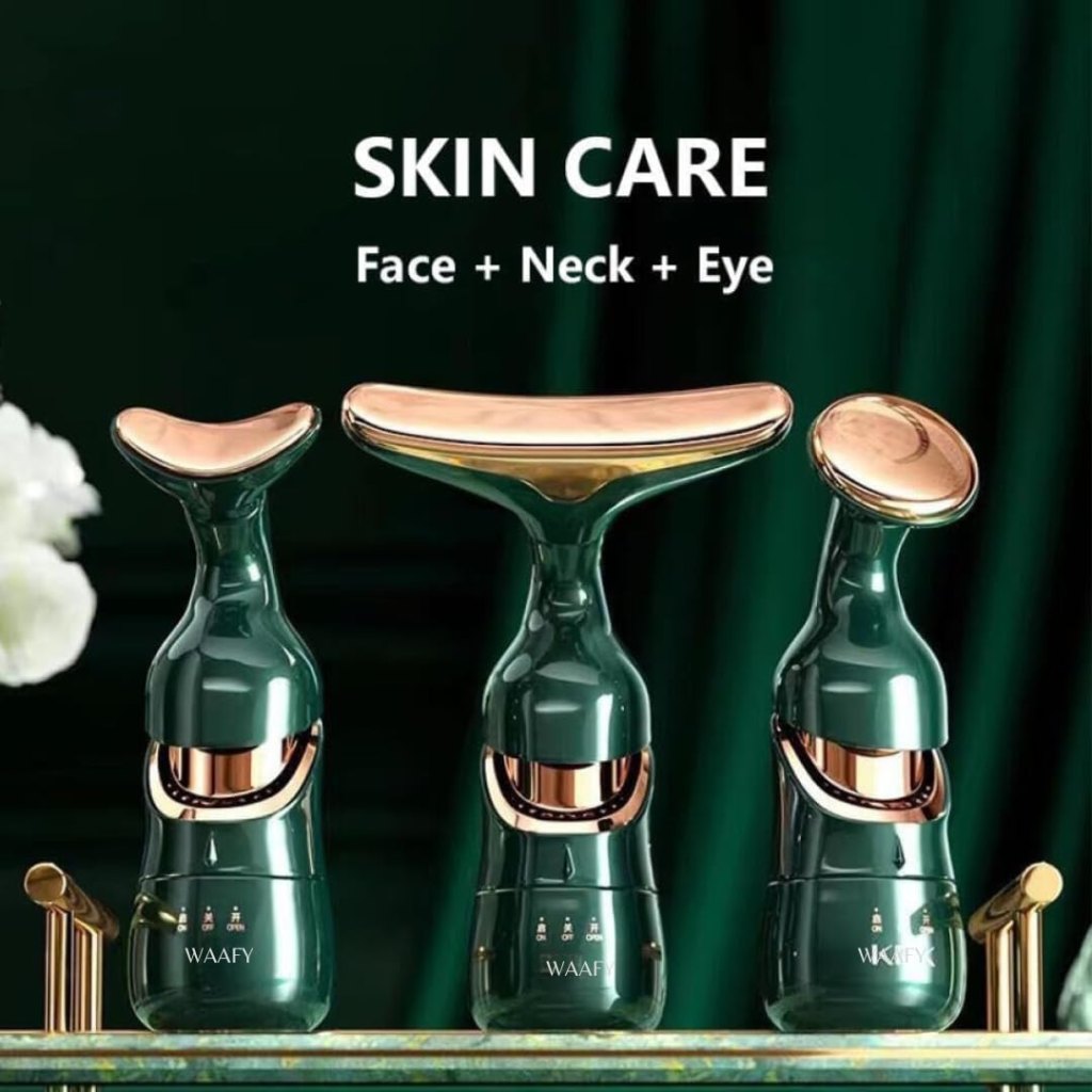Three green skincare devices with rose gold accents on a dark background, labeled 'Skin Care Face + Neck + Eye'.
