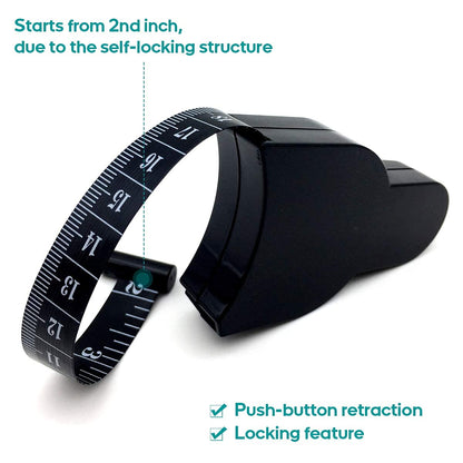 Black measuring tape with text highlighting features on a white background