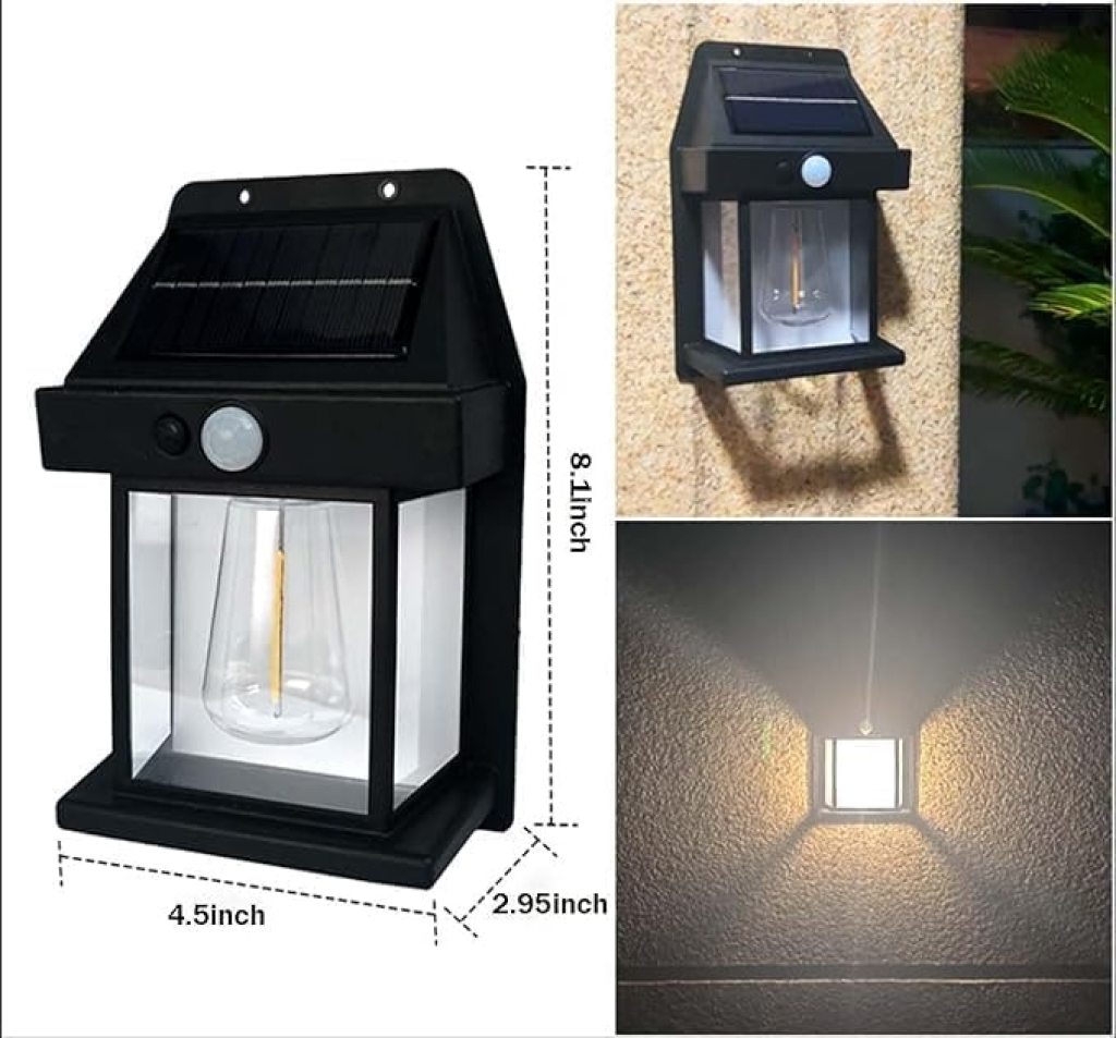 Solar-powered outdoor wall light with dimensions and installation examples.