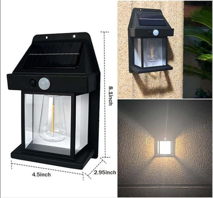 Solar-powered outdoor wall light with dimensions and installation examples.