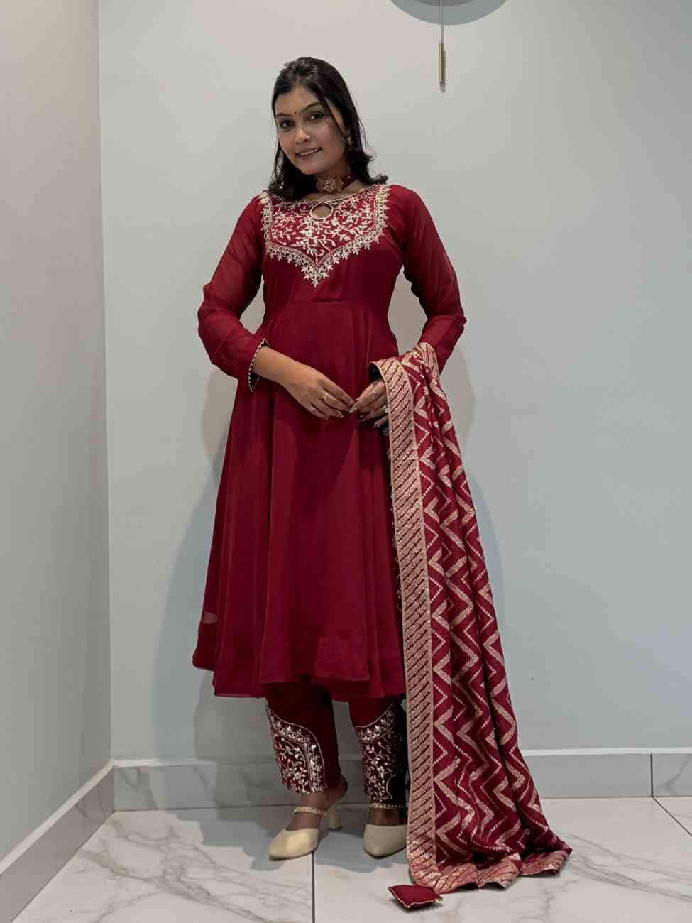 Heavy Roman fabric Anarkali gown with Jacquard dupatta