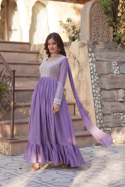 Lavender Embroidered Georgette Gown with Dupatta