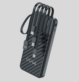 OOGE 20000mAh portable power bank with four built-in cables.