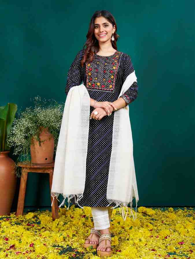 Fully Stiched Rayon Kurti Pant Dupatta Fabric