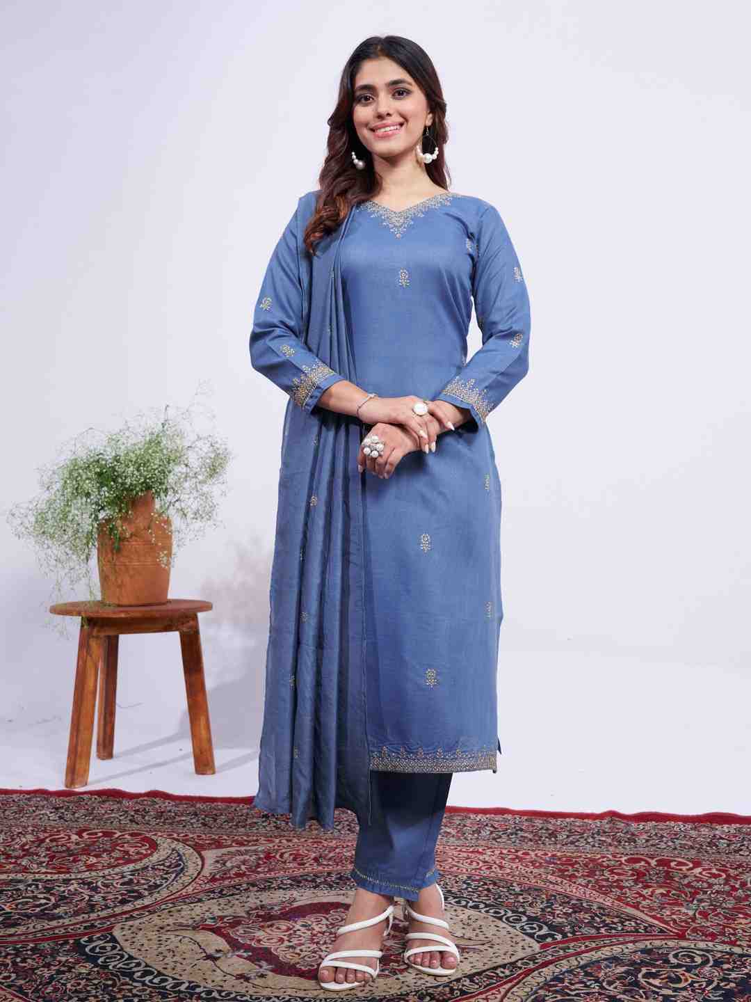 Fully Stiched Rayon Embroidered Kurti Pant Dupatta