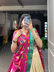 Tussar silk lehenga with floral print and foil work festive wear