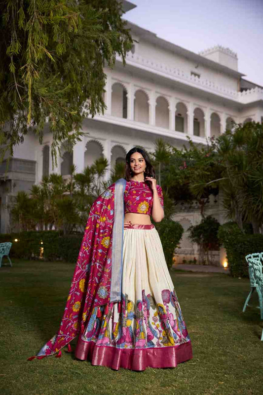 Tussar Silk Floral Lehenga Choli with Dupatta – Jacquard Border Set