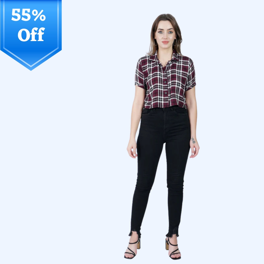 Women Crop Shirt Spread Collar