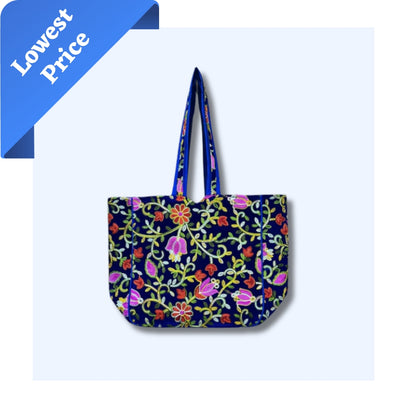 NAKASA Women's Kashmiri Handmade Flower Embroidery Regular Blue Tote Bag