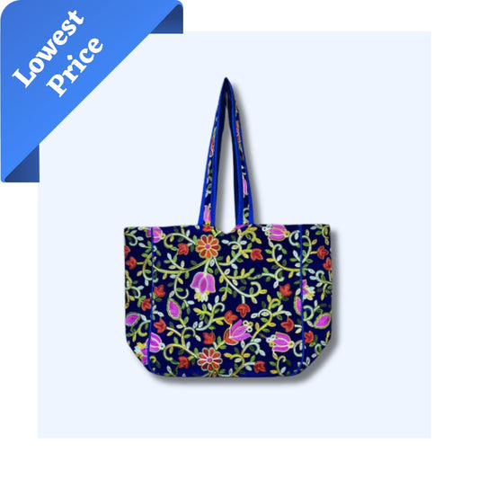 NAKASA Women's Kashmiri Handmade Flower Embroidery Regular Blue Tote Bag