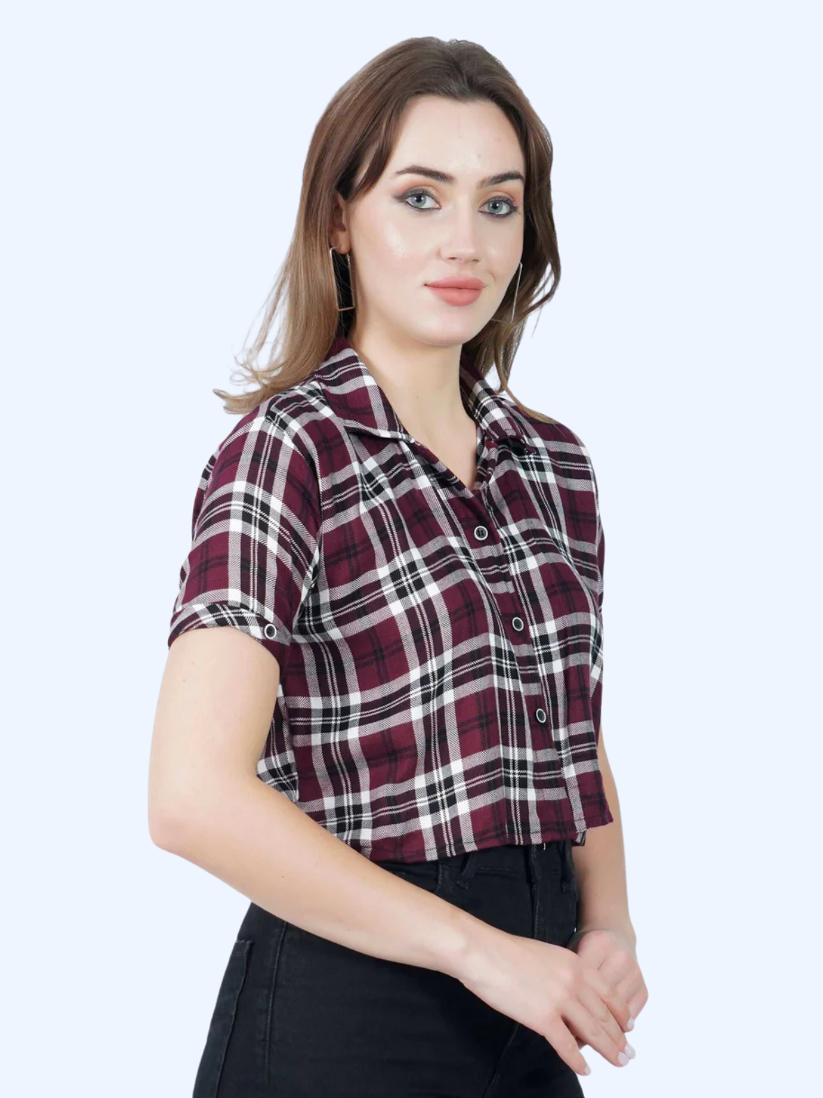 Women Crop Shirt Spread Collar