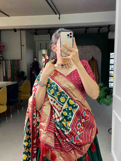Tussar silk lehenga with floral print and foil work festive wear