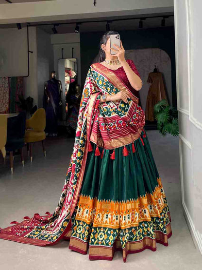 Tussar silk lehenga with floral print and foil work festive wear
