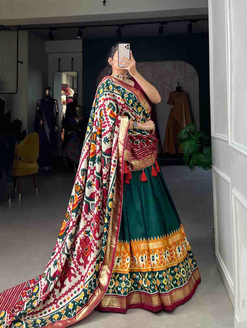 Tussar silk lehenga with floral print and foil work festive wear