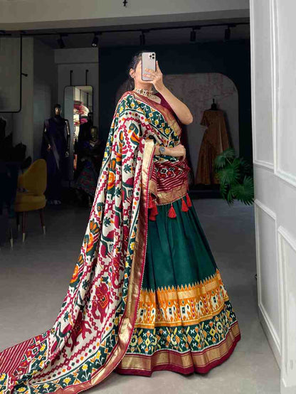 Tussar silk lehenga with floral print and foil work festive wear