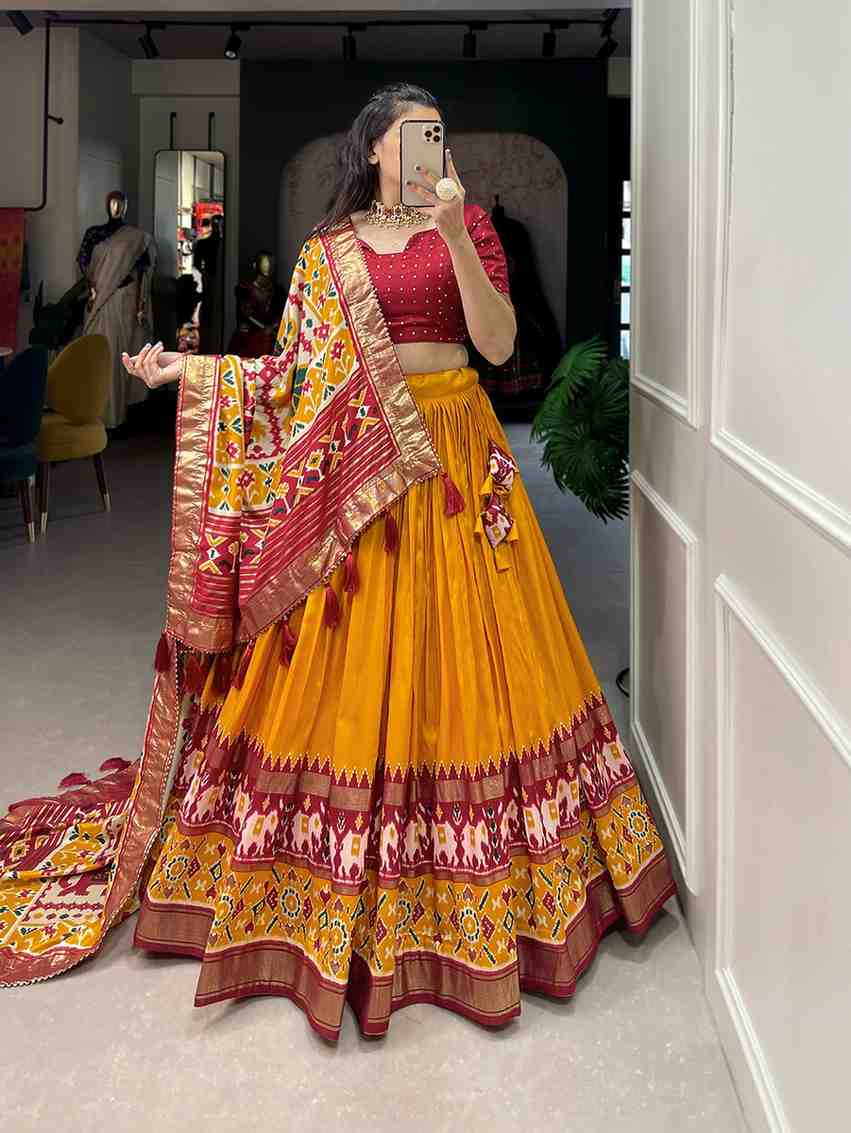 Tussar silk lehenga with floral print and foil work festive wear