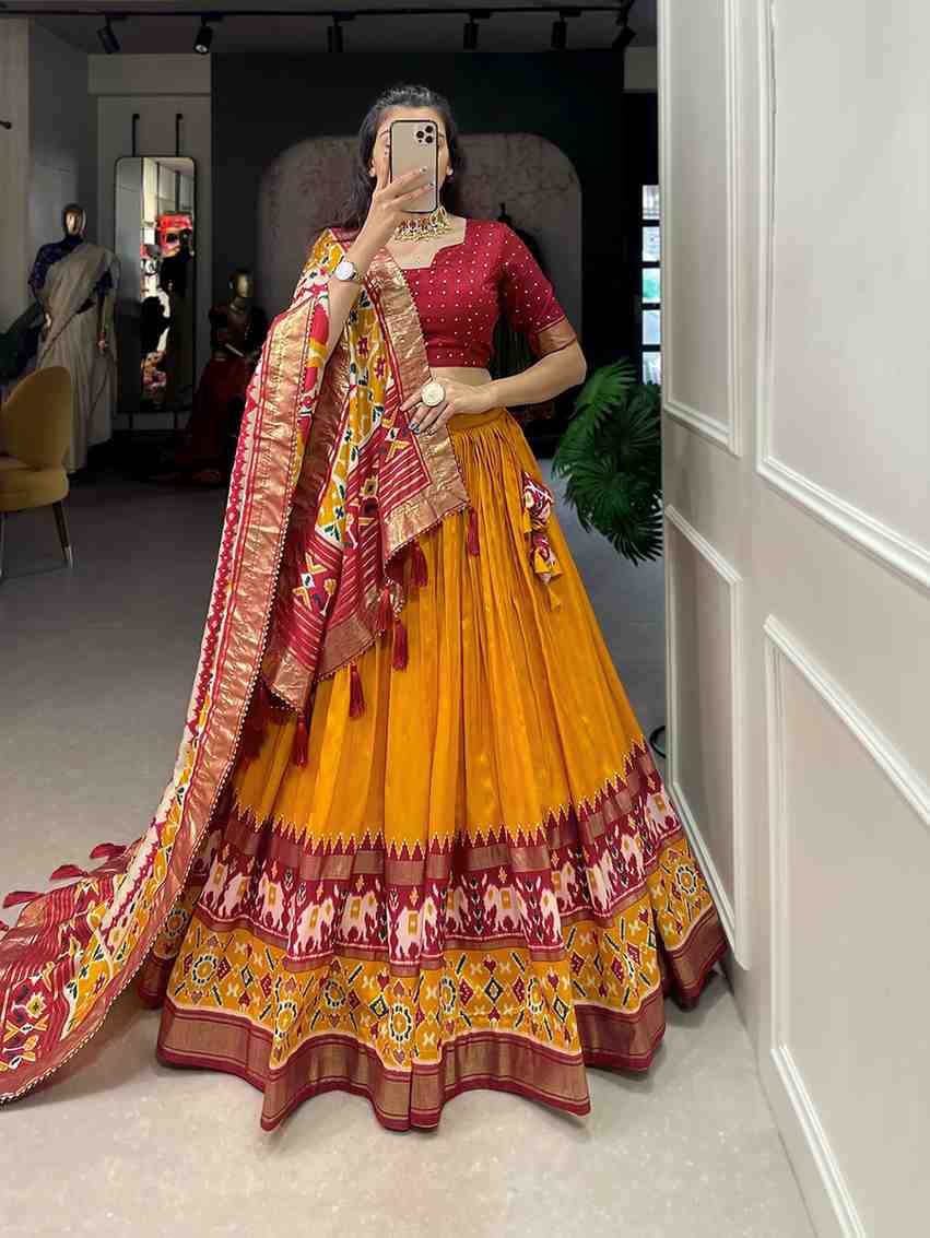 Tussar silk lehenga with floral print and foil work festive wear