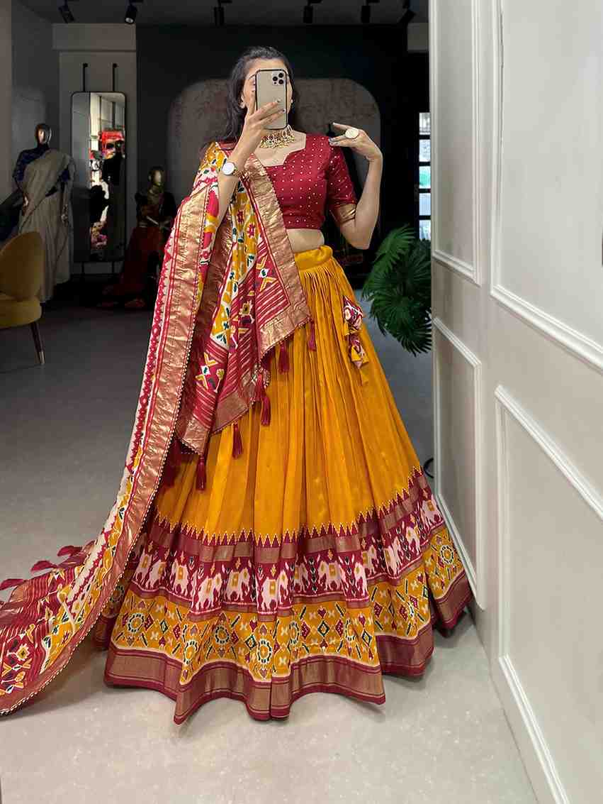 Tussar silk lehenga with floral print and foil work festive wear