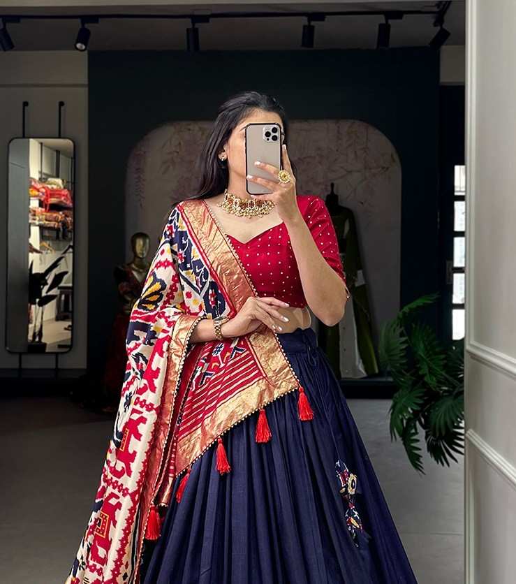 Tussar silk lehenga with floral print and foil work festive wear
