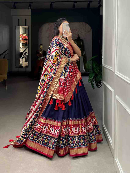 Tussar silk lehenga with floral print and foil work festive wear
