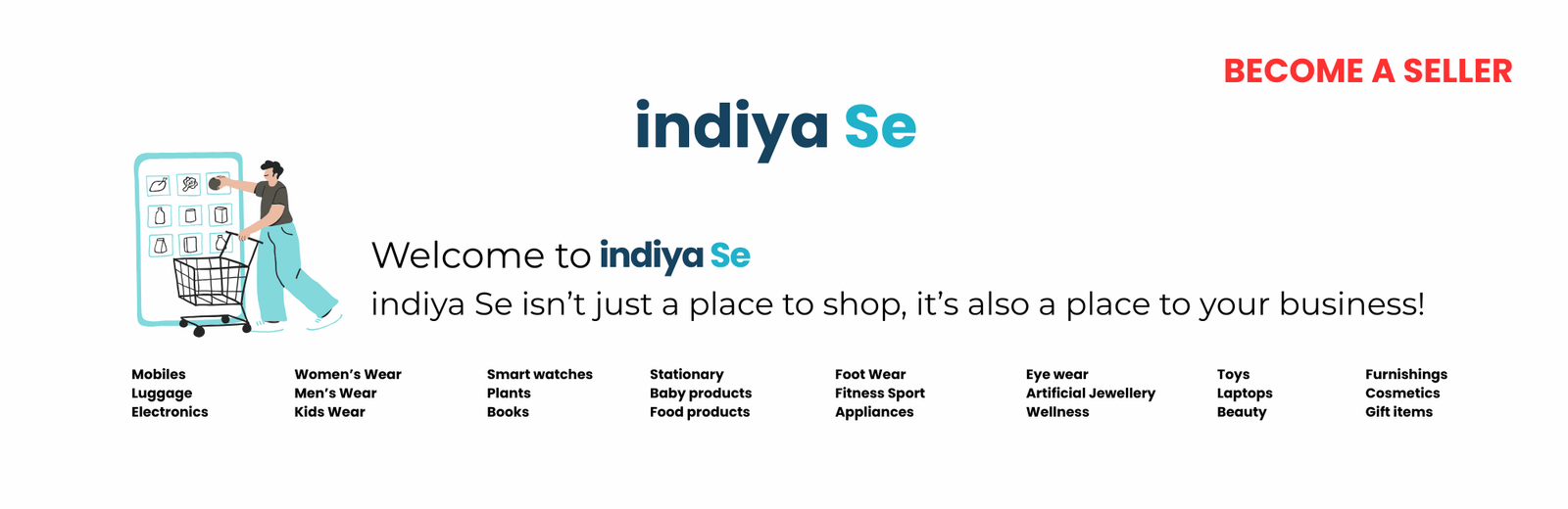 Indiya Se platform homepage with shopping cart icon, text, and categories listed.